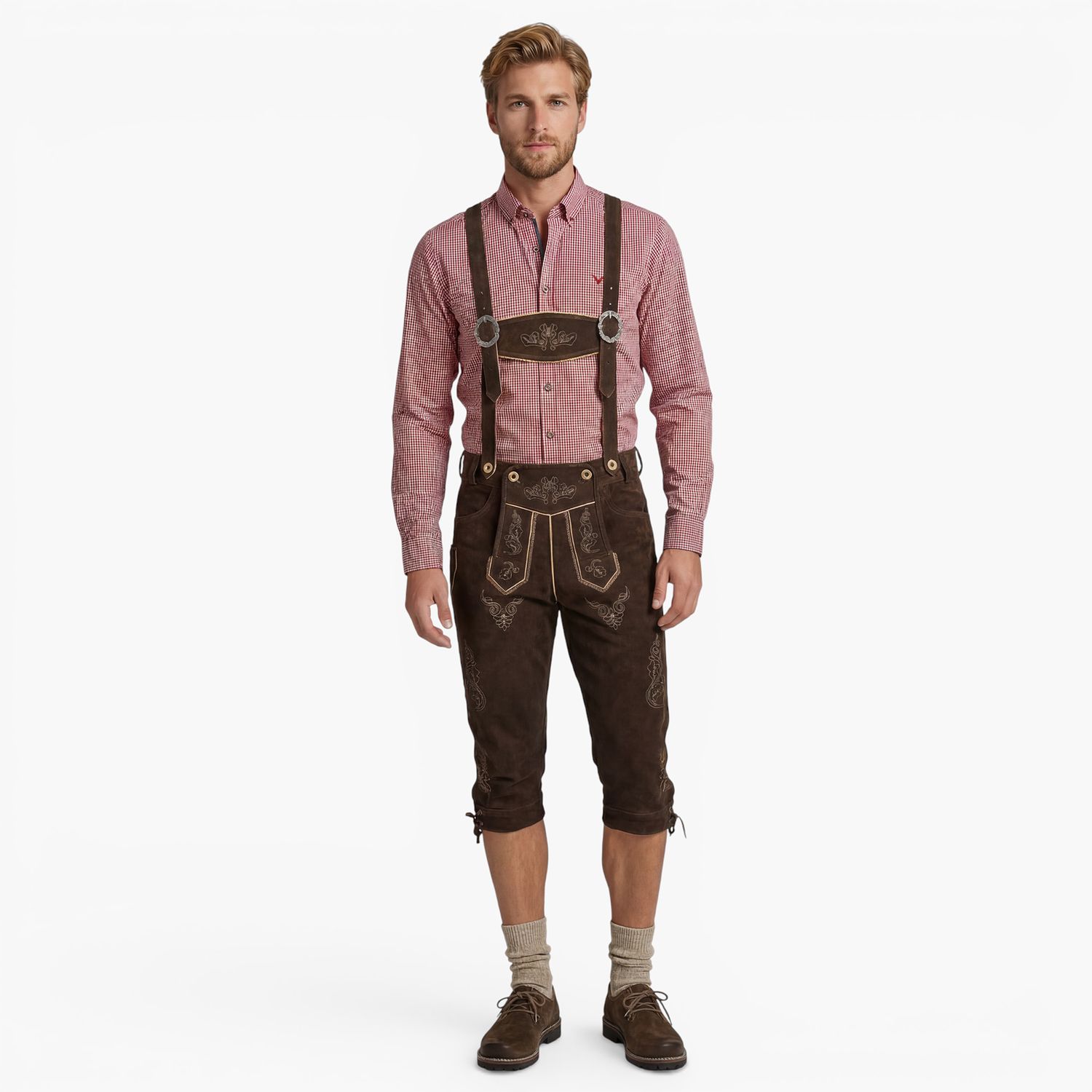 Herren Lederhose Trachten – Bohmberg Kniebund Lederhose aus 100% Rindsleder inkl. Hosenträger, Trachten Lederhose Braun für Oktoberfest &amp; Volksfest
