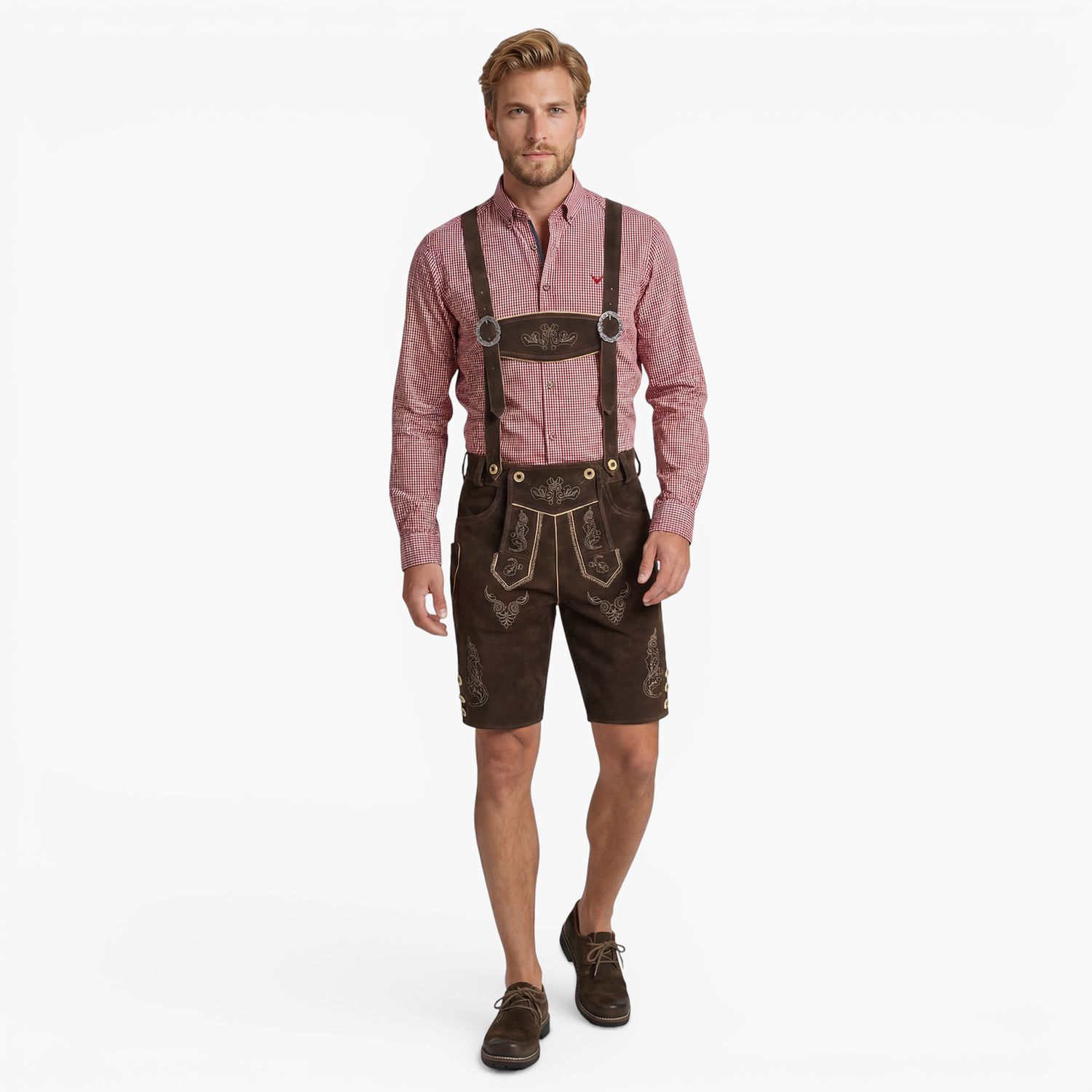 Men’s Lederhosen Bohmberg Genuine Cowhide – Light Brown Short Trachten Leather Shorts with Suspenders for Oktoberfest &amp; Traditional Festivals
