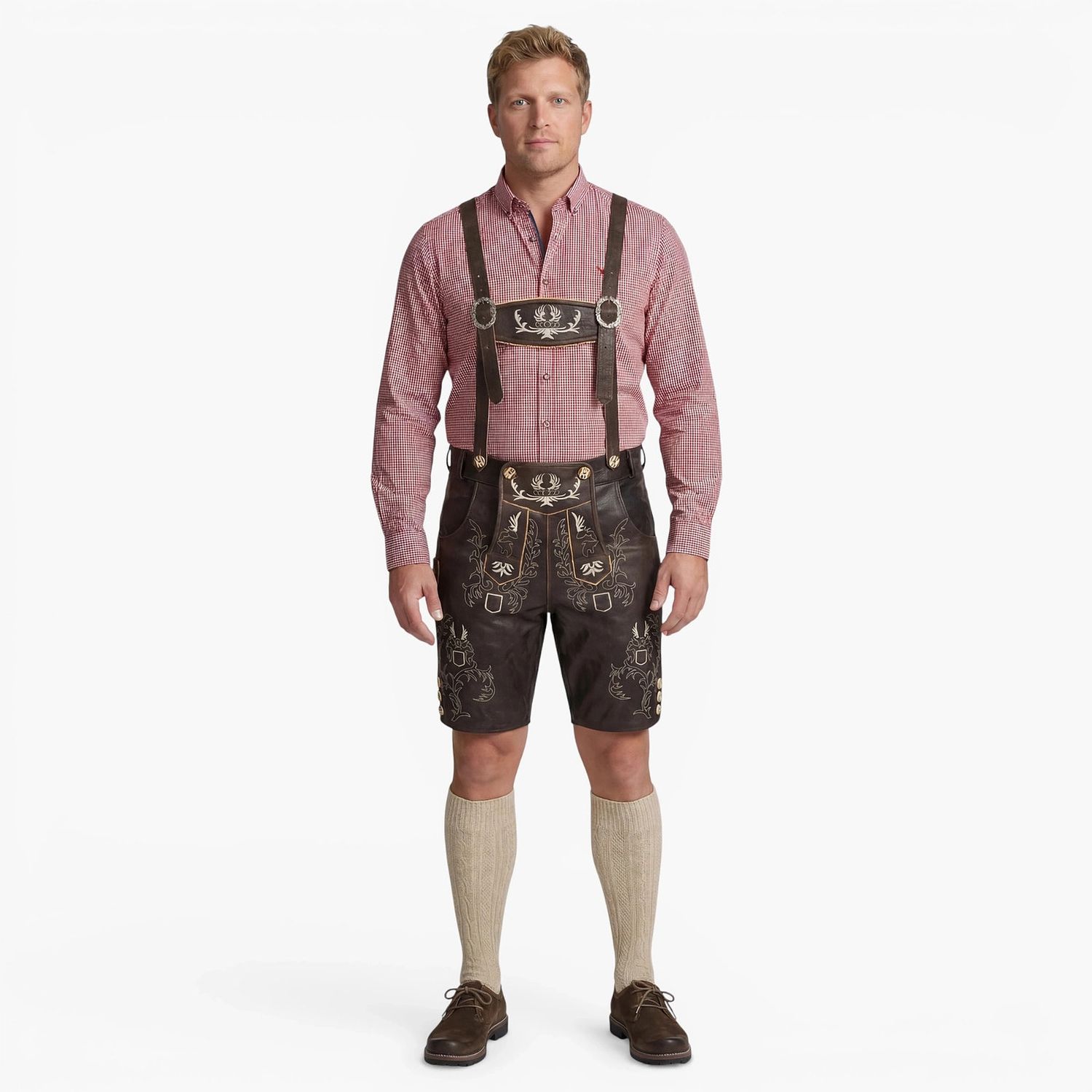 Men’s Trachten Lederhose – Bohmberg Short Lederhosen in 100% Cowhide incl. Suspenders, Brown Bavarian Leather Shorts for Oktoberfest
