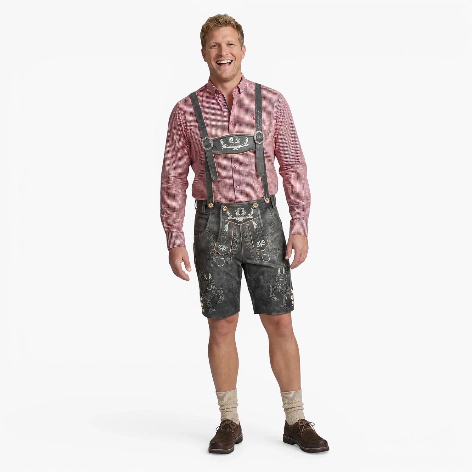 Men’s Trachten Lederhose – Bohmberg Short Lederhosen in 100% Cowhide incl. Suspenders, Brown Bavarian Leather Shorts for Oktoberfest