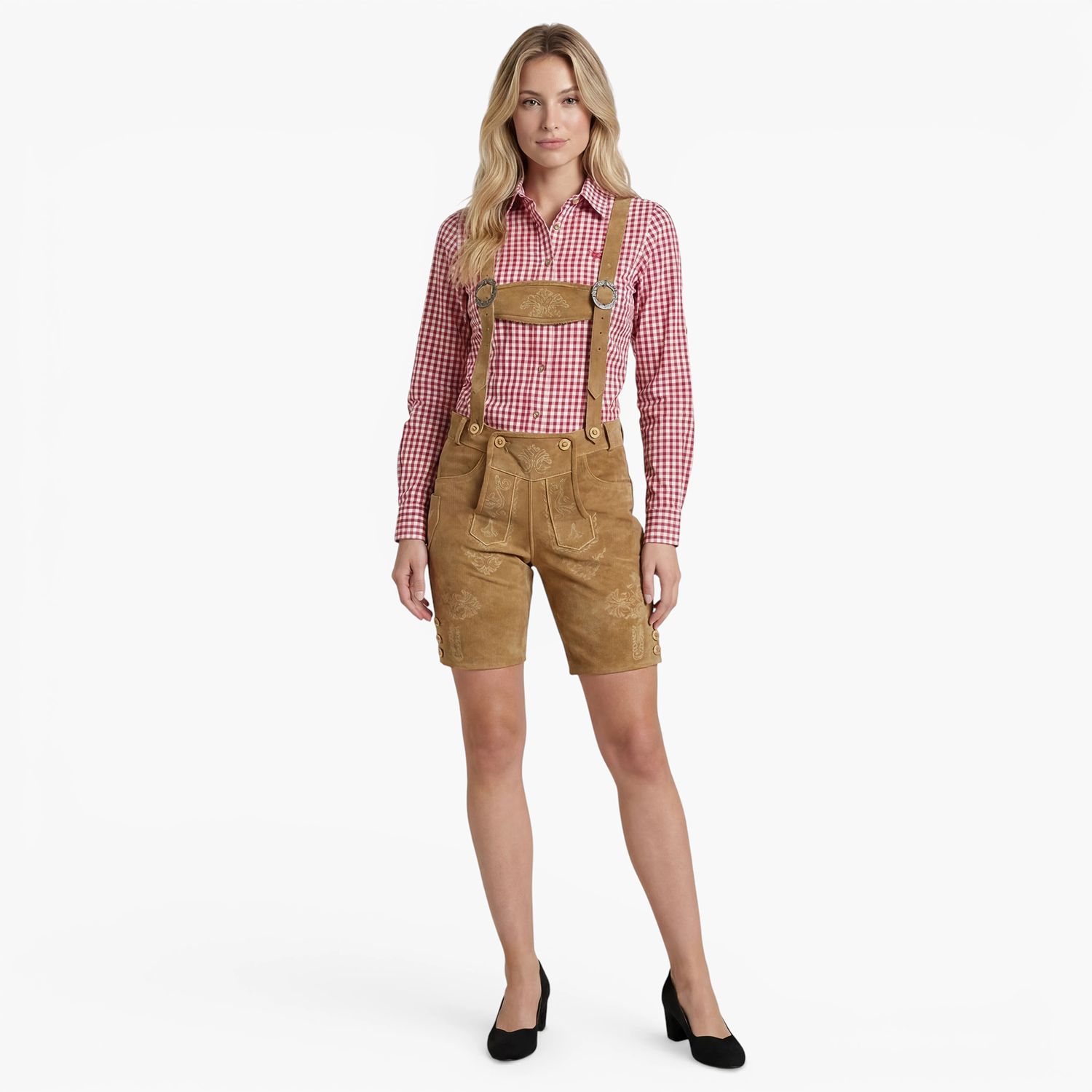 Women’s Trachten Lederhose – Bohmberg Knee-Length Lederhosen in 100% Cowhide incl. Suspenders, Light Brown for Oktoberfest
