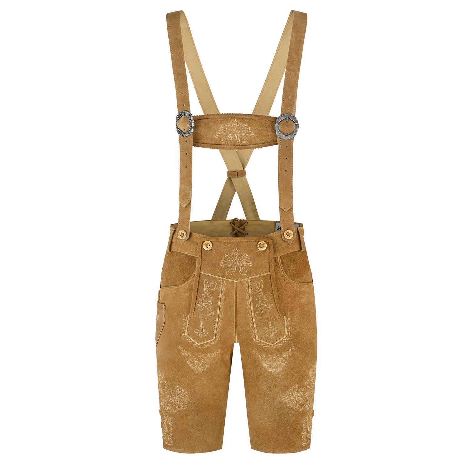 Women’s Trachten Lederhose – Bohmberg Knee-Length Lederhosen in 100% Cowhide incl. Suspenders, Light Brown for Oktoberfest