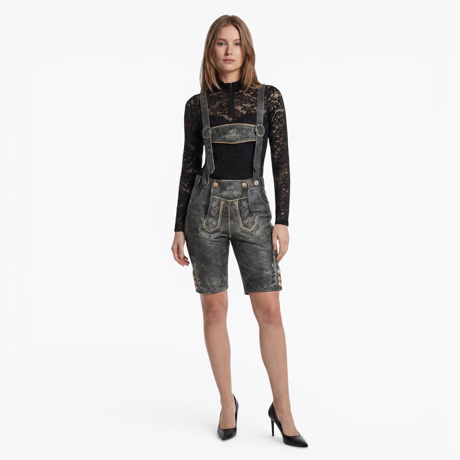 Women’s Trachten Lederhose – Bohmberg Knee-Length Lederhosen in 100% Cowhide incl. Suspenders, Light Brown for Oktoberfest