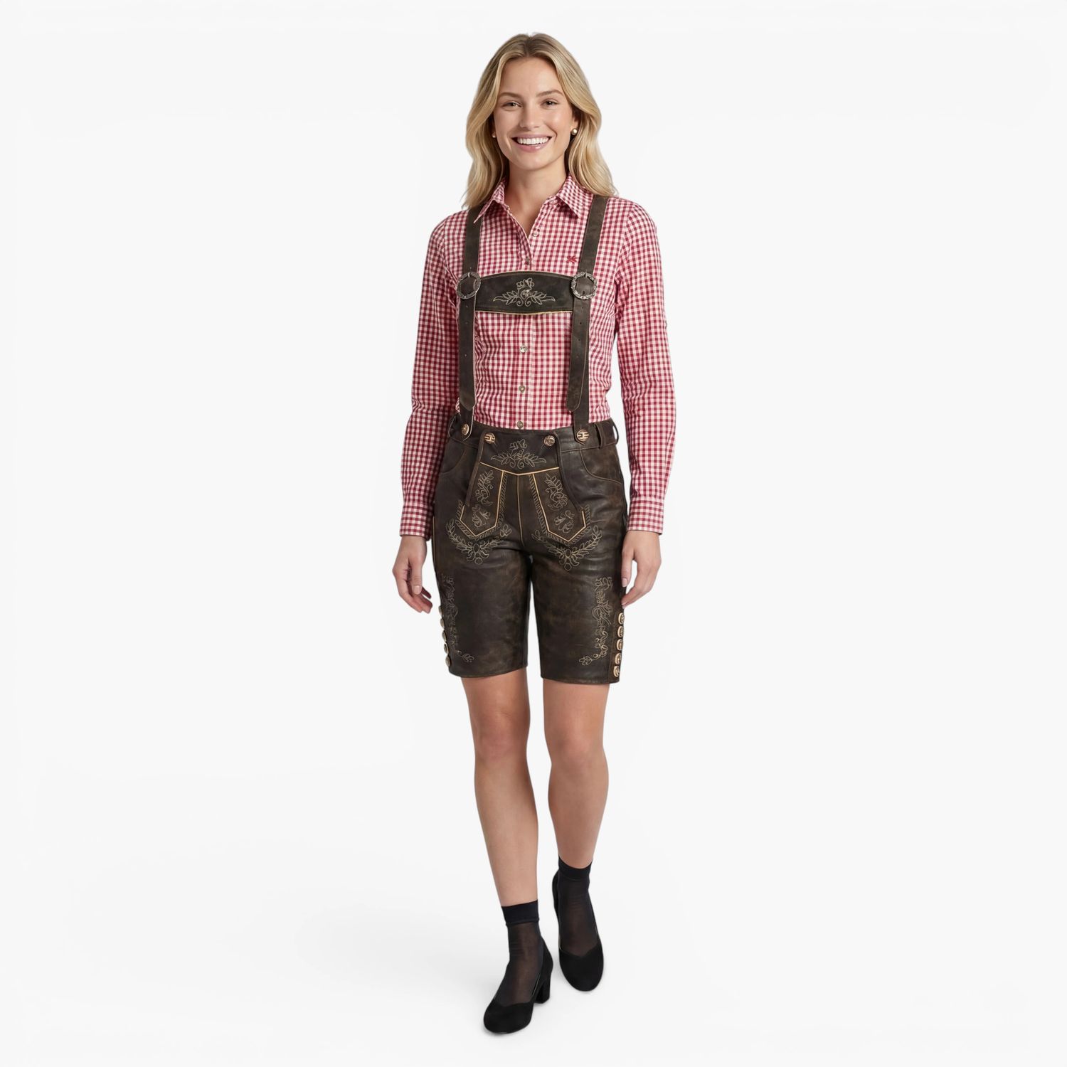 Women’s Trachten Lederhose – Bohmberg Knee-Length Lederhosen in 100% Cowhide incl. Suspenders, Light Brown for Oktoberfest