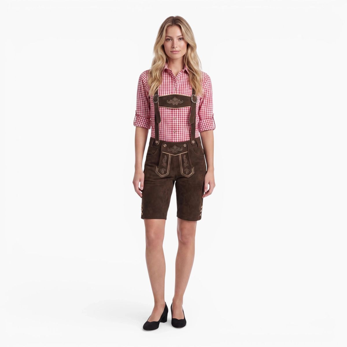 Women’s Trachten Lederhose – Bohmberg Knee-Length Lederhosen in 100% Cowhide incl. Suspenders, Brown for Oktoberfest