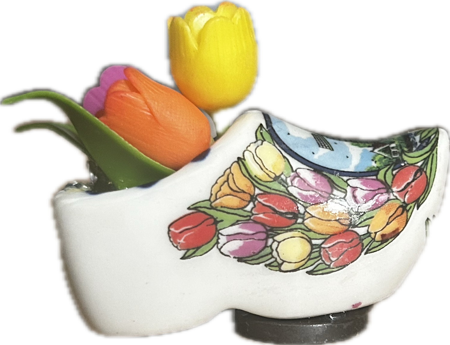 Dutch Clog Magnet with Windmill and Tulips