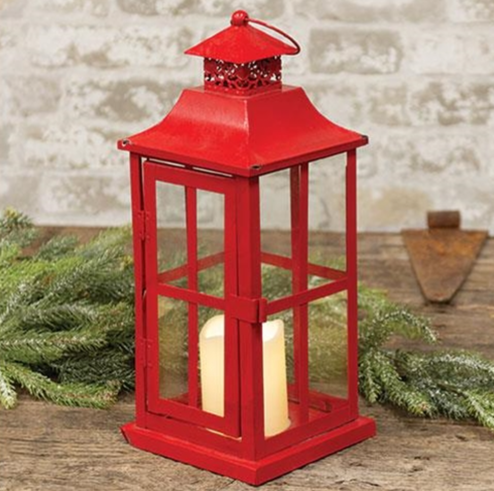 Square Red Metal Lantern w/LED Candle