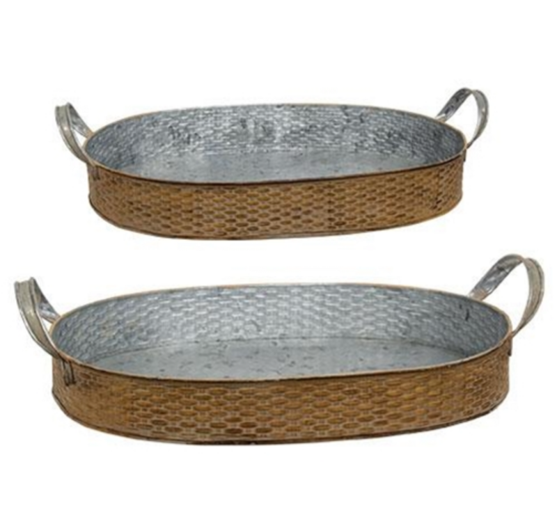2/Set Basket Weave Embossed Metal Oval Trays