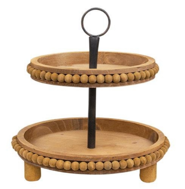 Natural Wood Beaded Two-Tiered Tray