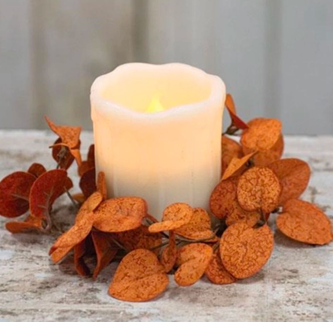 3-1/2&quot; Burnt Orange Penny Leaf Floral Candle Ring Wreath Decor Accent