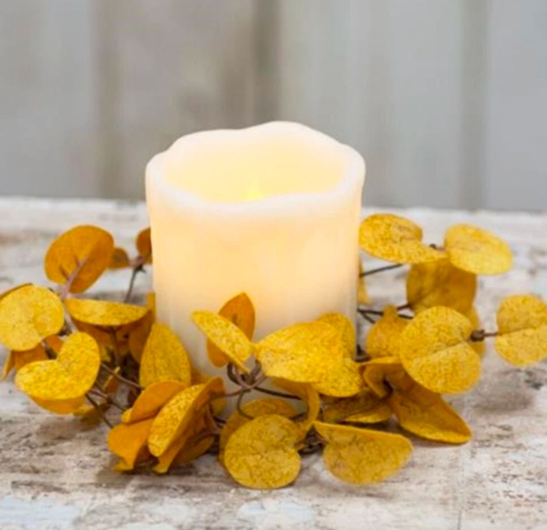 3-1/2&quot; Mustard Penny Leaf Floral Candle Ring Wreath Decor Accent