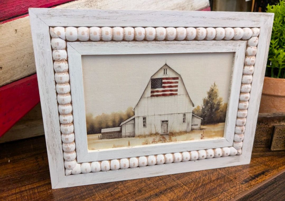 Patriotic Flag &amp; Barn Art Print Decor Shelf Sitter With Wooden Beaded Frame