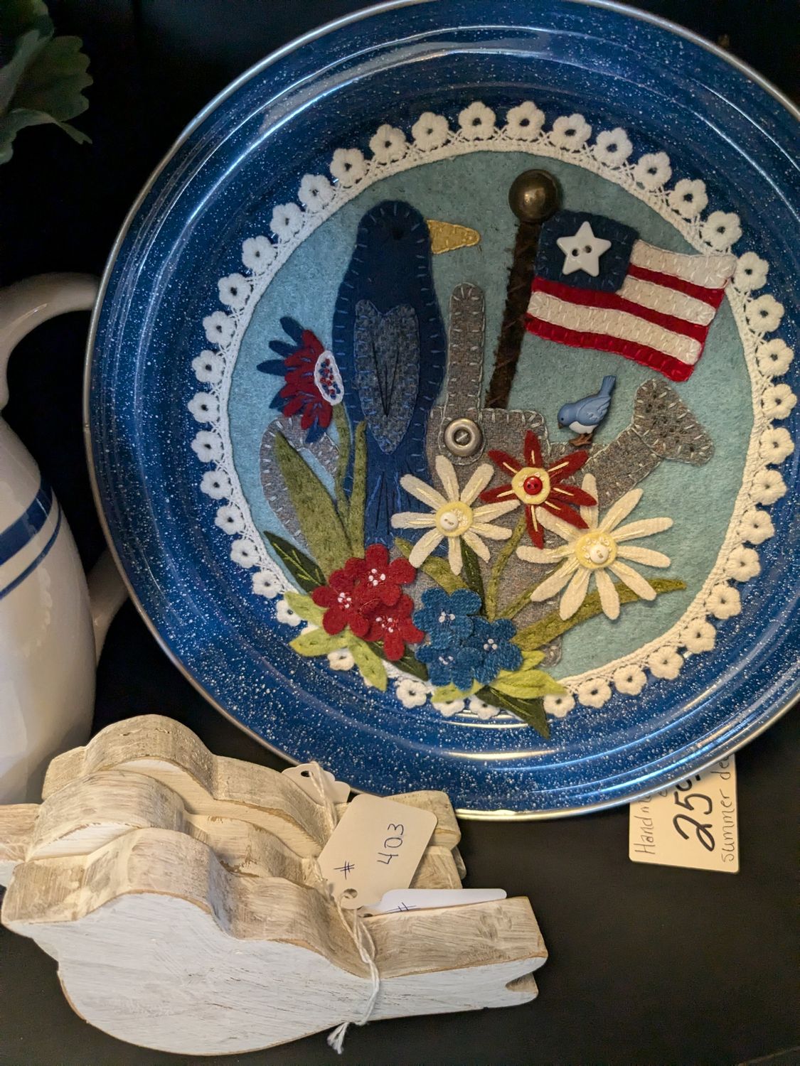 Primitive Country Farmhouse Handmade Felt Patriotic Decor On Enamel Plate