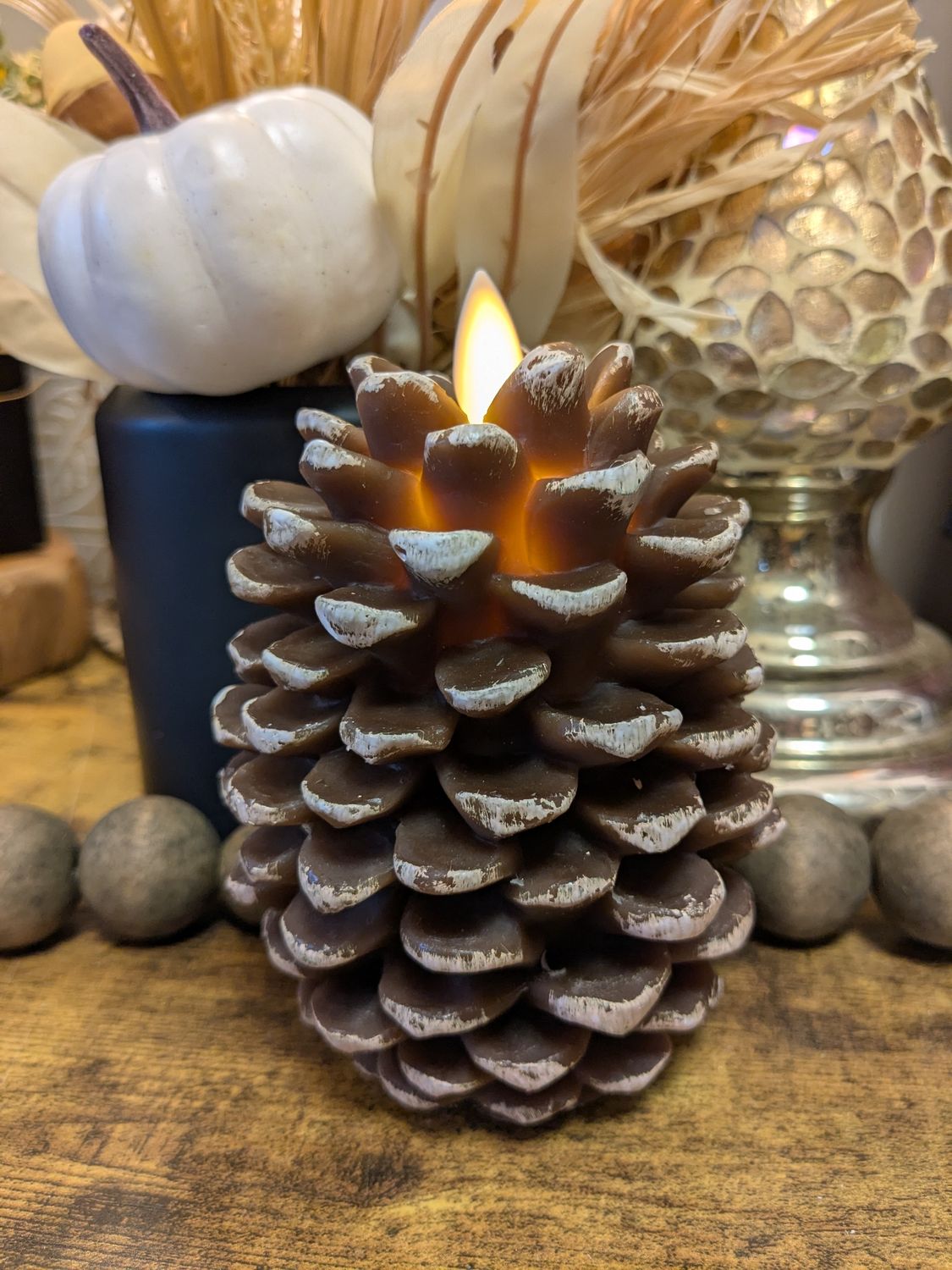 Flickering Pinecone TIMER Pillar Candle