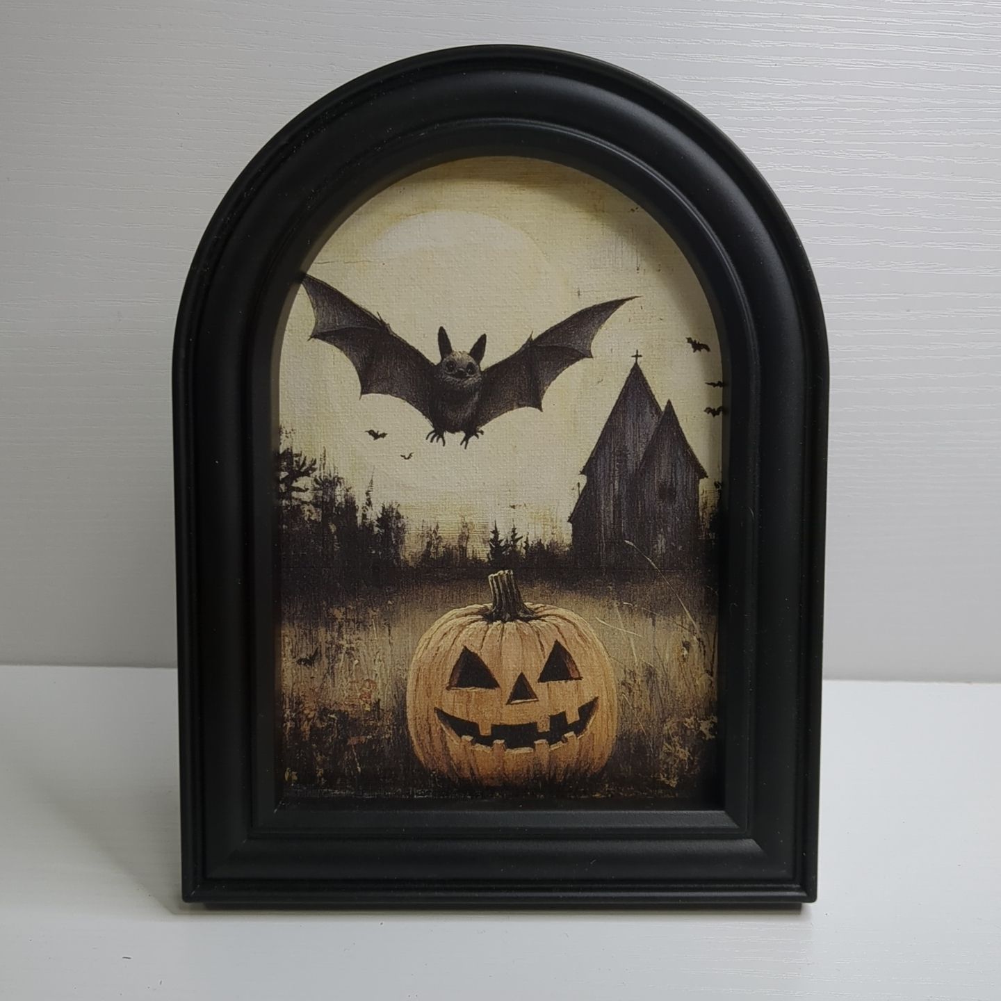 Halloween Arched Shelf Sitter Framed Sign Art Print Decor -Bat Haunted House