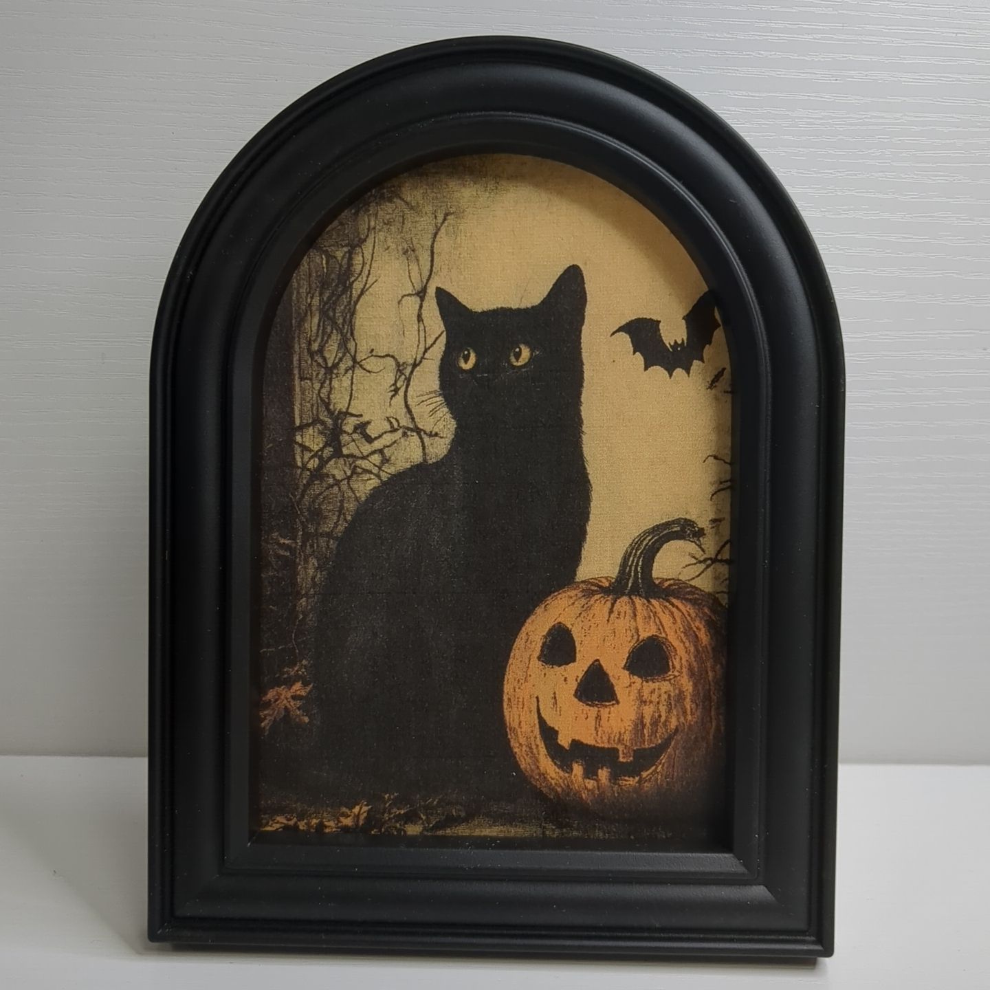 Halloween Arched Shelf Sitter Framed Sign Art Print Decor - Cat Bat Pumpkin