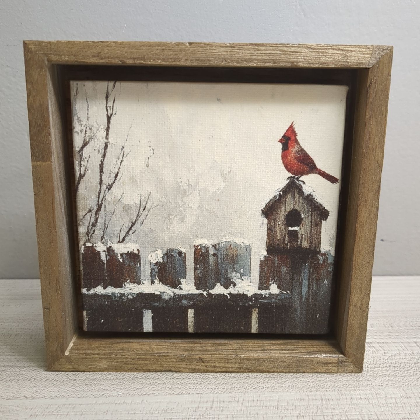 Christmas Winter Art Print Wall Decor Shelf Sitter - Cardinal Birdhouse