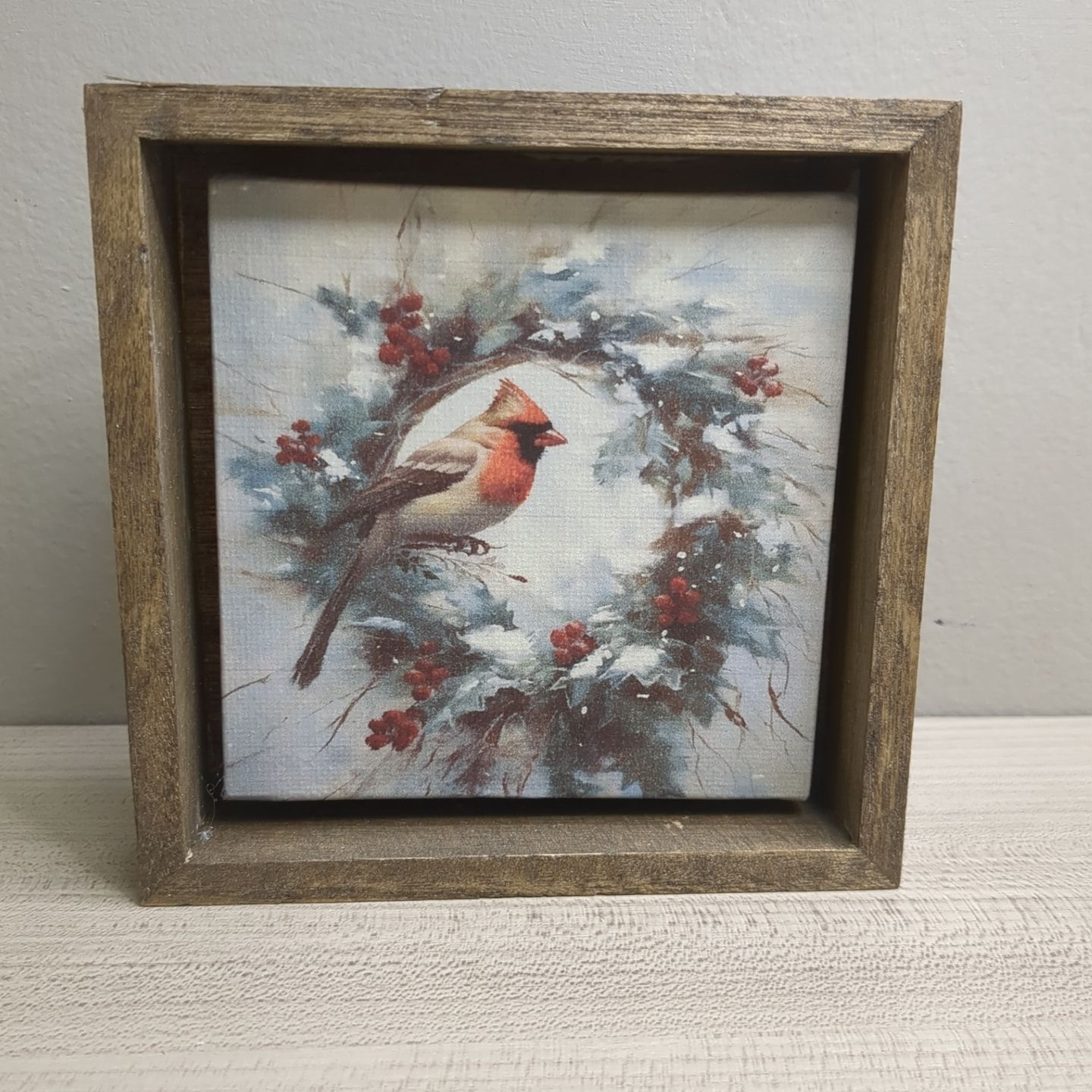 Christmas Winter Art Print Wall Decor Shelf Sitter - Cardinal Wreath