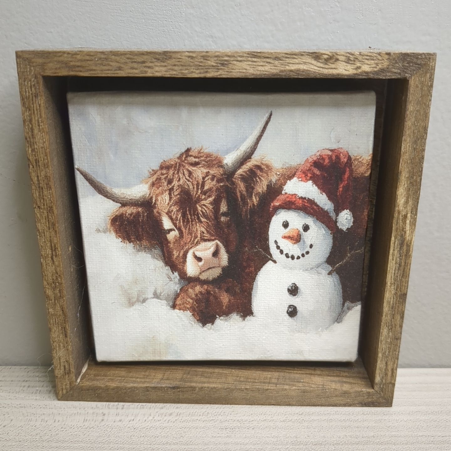 Christmas Winter Art Print Wall Decor Shelf Sitter - Highland Cow Snowman