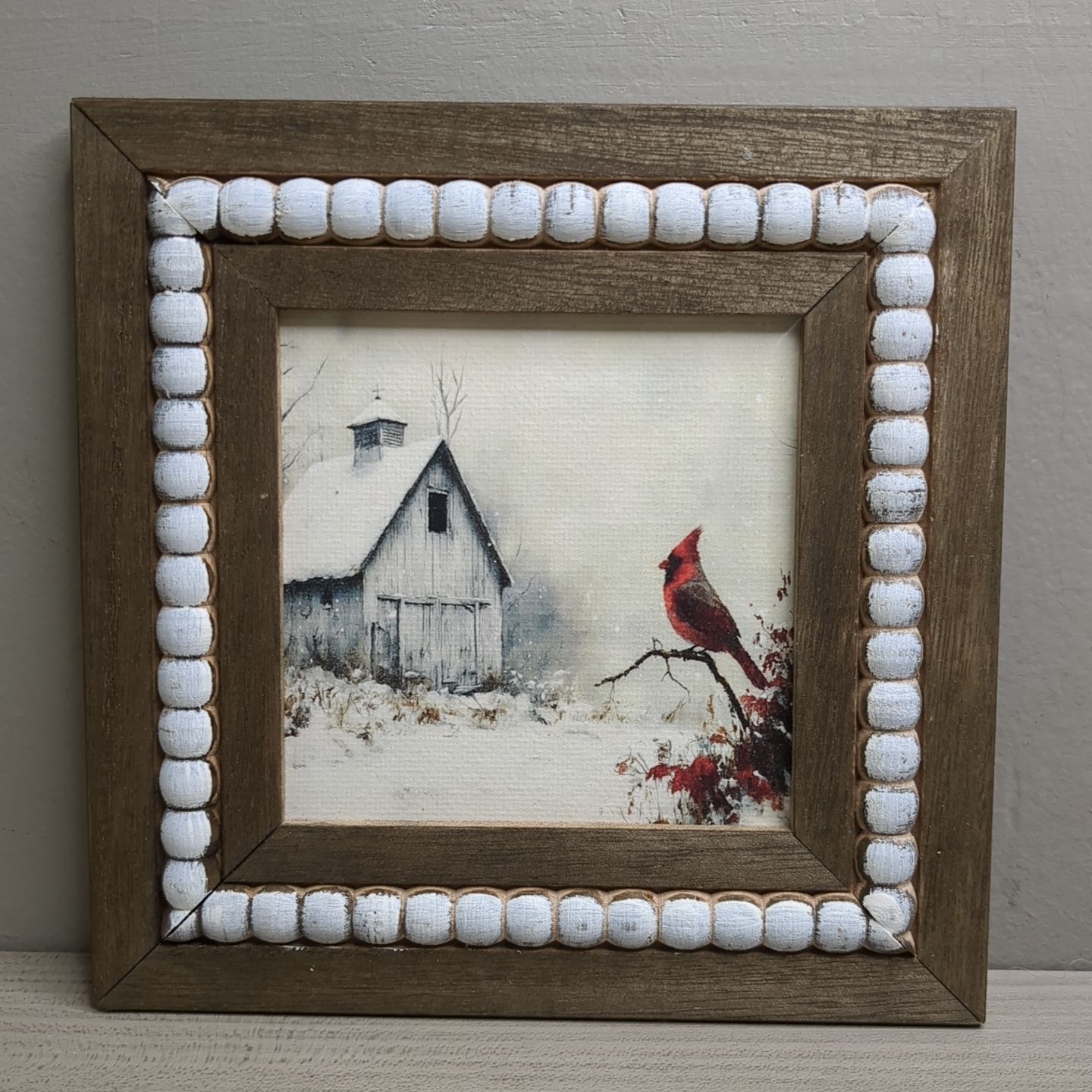 Christmas Winter Beaded Art Print Wall Decor Shelf Sitter - Cardinal Barn