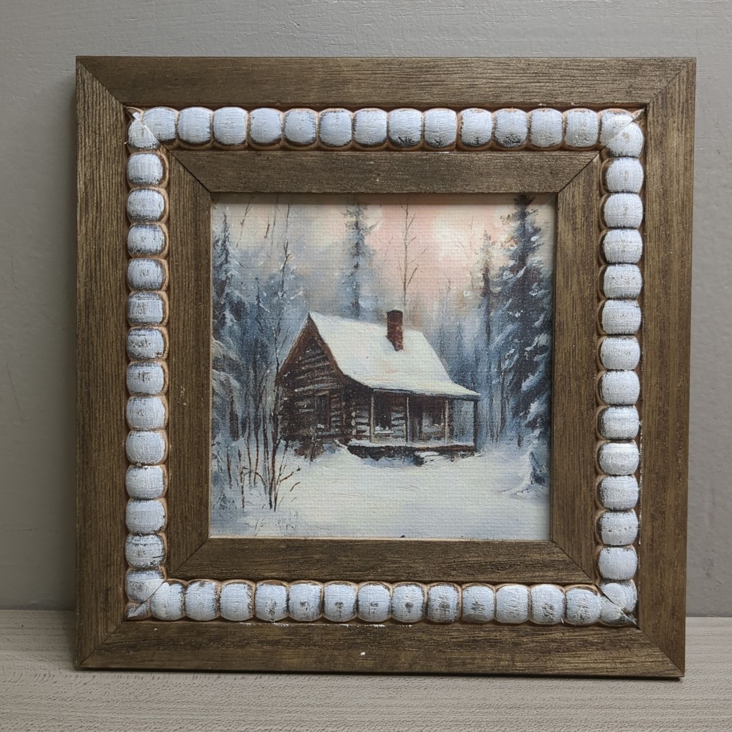 Christmas Winter Beaded Art Print Wall Decor Shelf Sitter - Winter Cabin