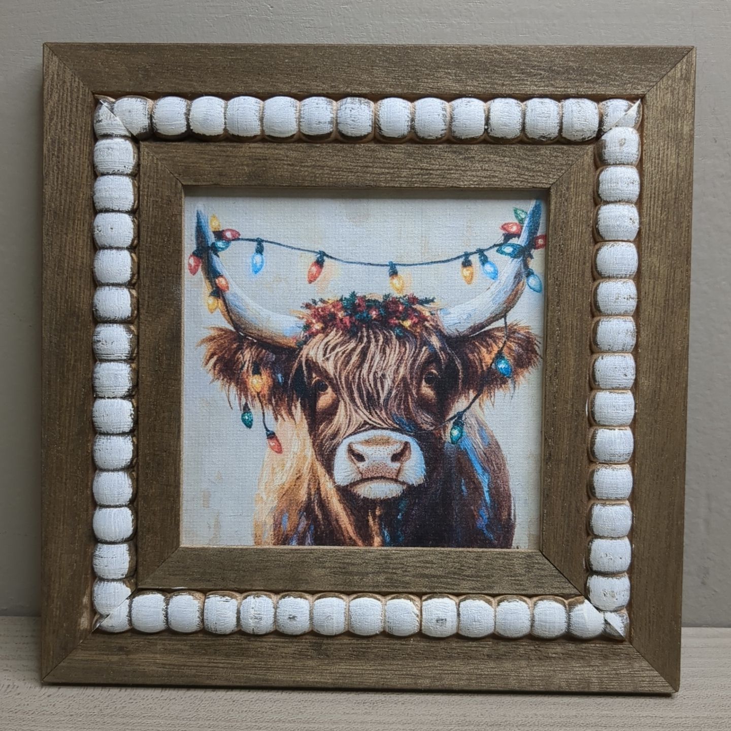 Christmas Winter Beaded Art Print Wall Decor Shelf Sitter - Highland Cow