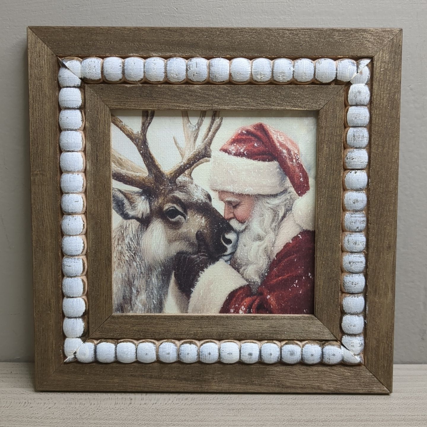 Christmas Winter Beaded Art Print Wall Decor Shelf Sitter - Santa Reindeer