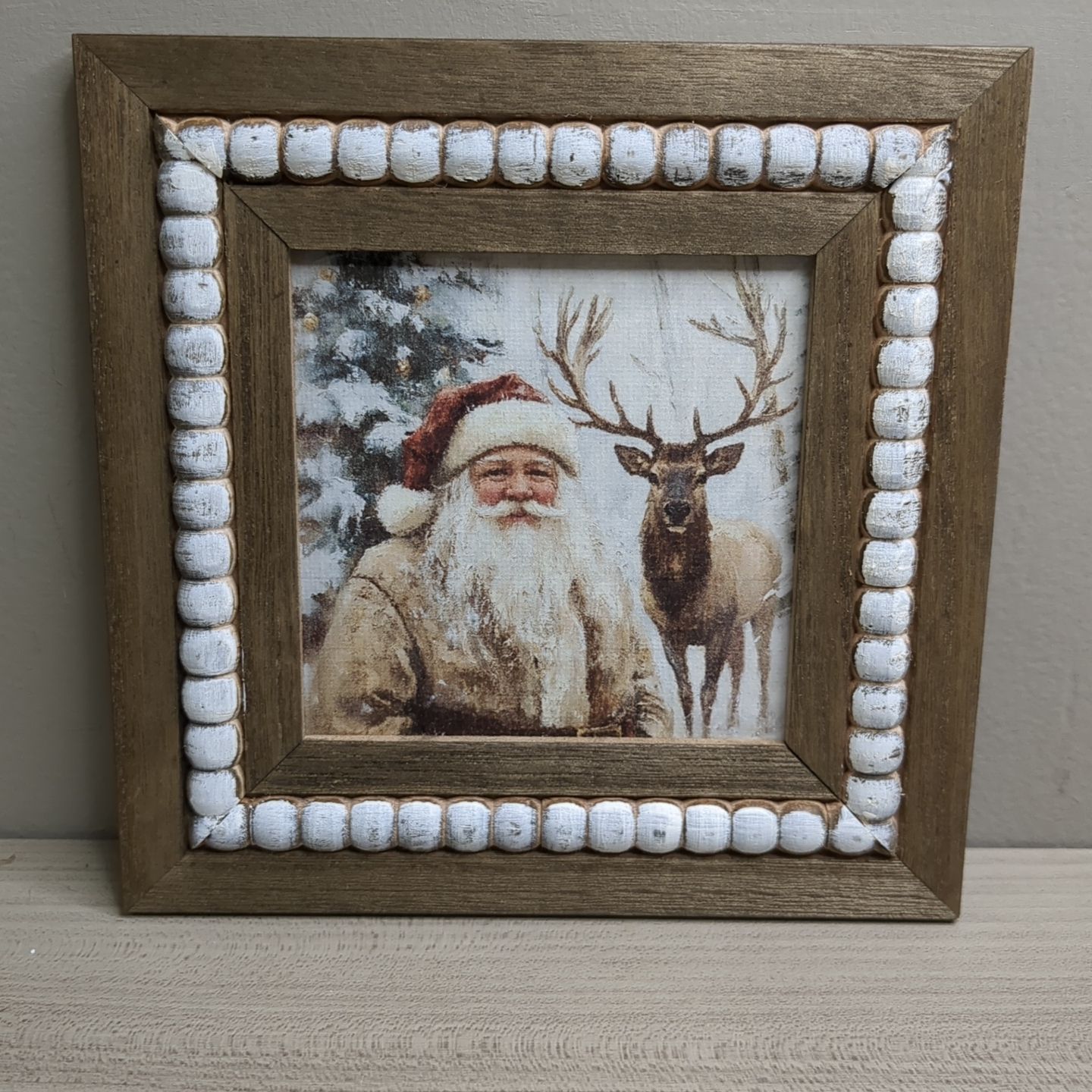Christmas Winter Beaded Art Print Wall Decor Shelf Sitter - Santa Reindeer