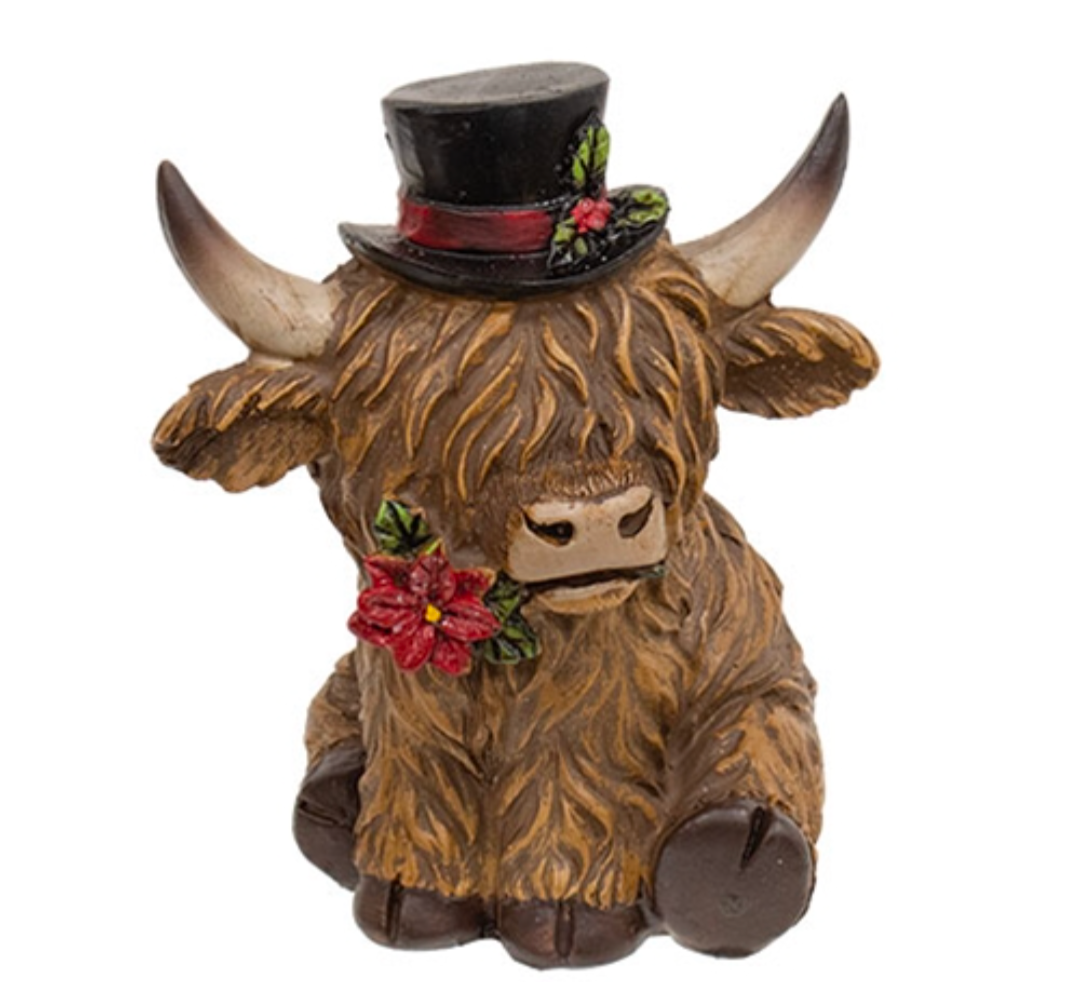 Christmas Holiday Highland Cow Pointsettia Top Hat Resin Figurine