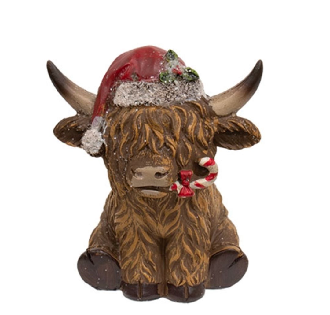 Christmas Holiday Highland Cow Candy Cane Santa Resin Shelf Sitter