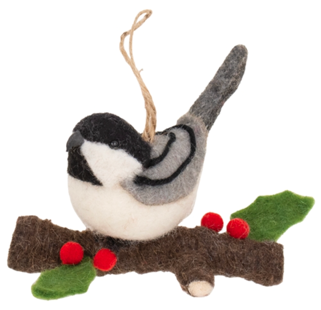 Felted Chickadee on Branch Christmas Holiday Ornament