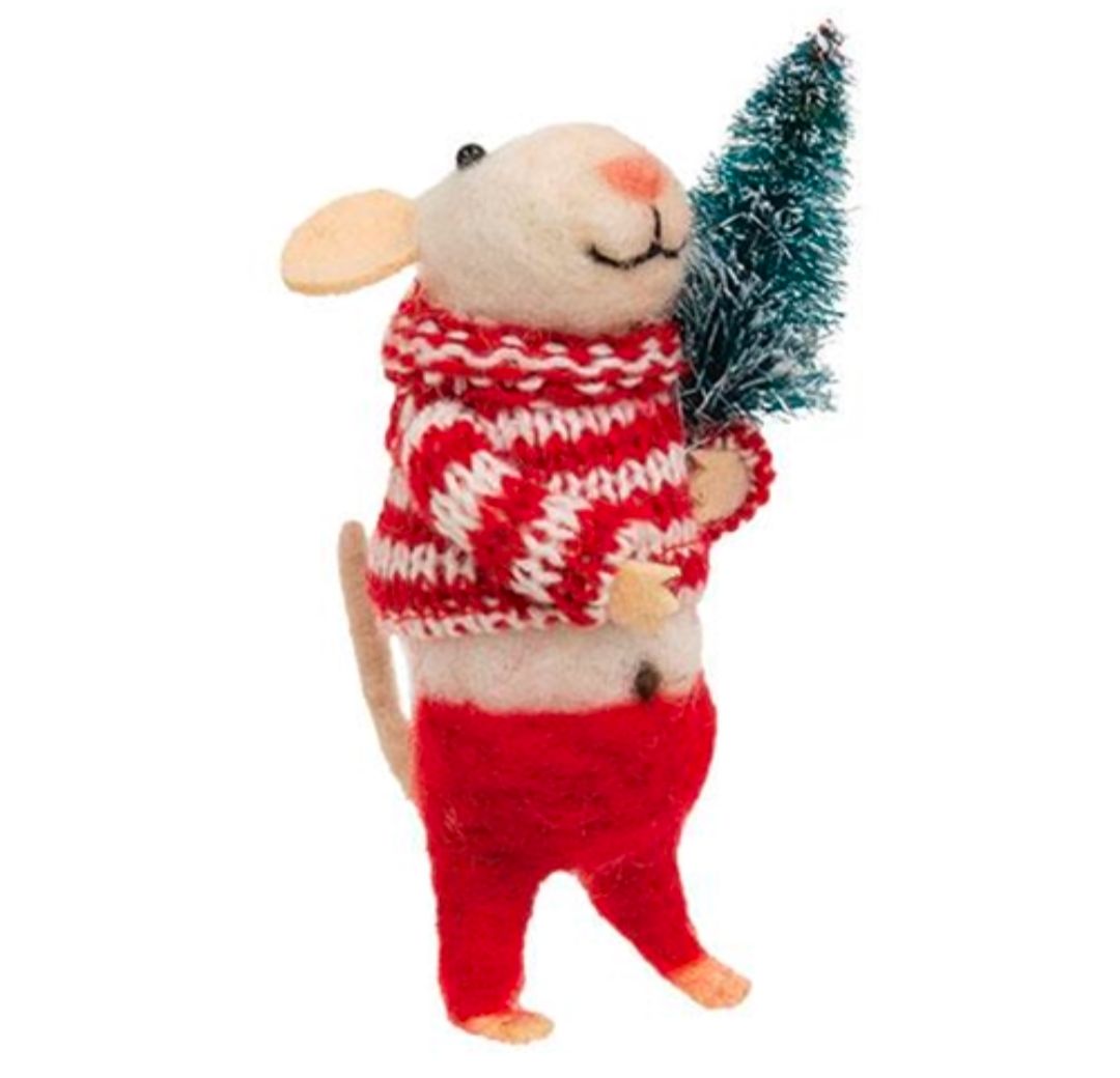 Christmas Holiday Mouse with Tree Felted Ornament