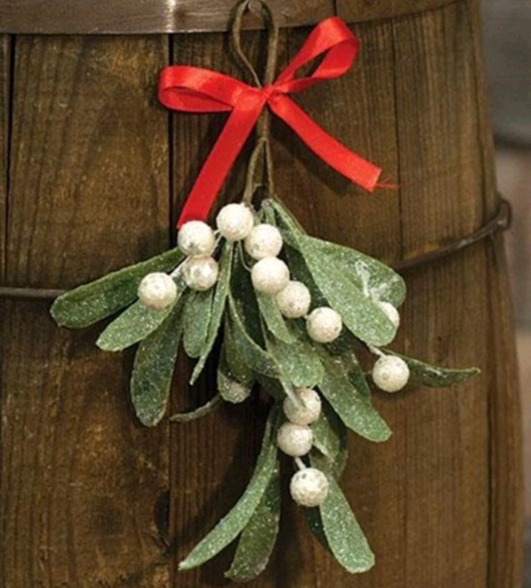 Artificial Glittered Mistletoe Bunch w/Red Ribbon