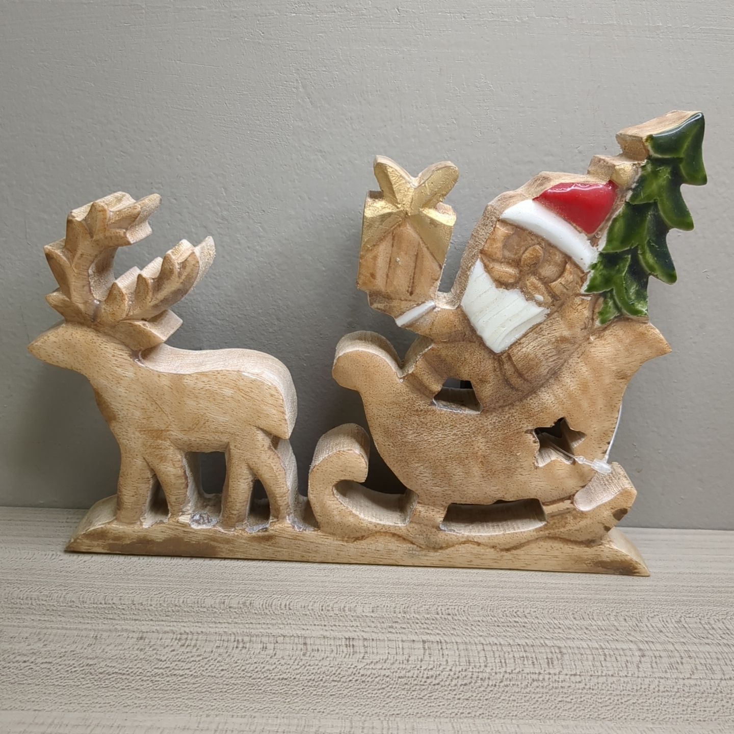 Wooden Santa Sleigh And Reindeer Shelf Sitter Decor Christmas Winter