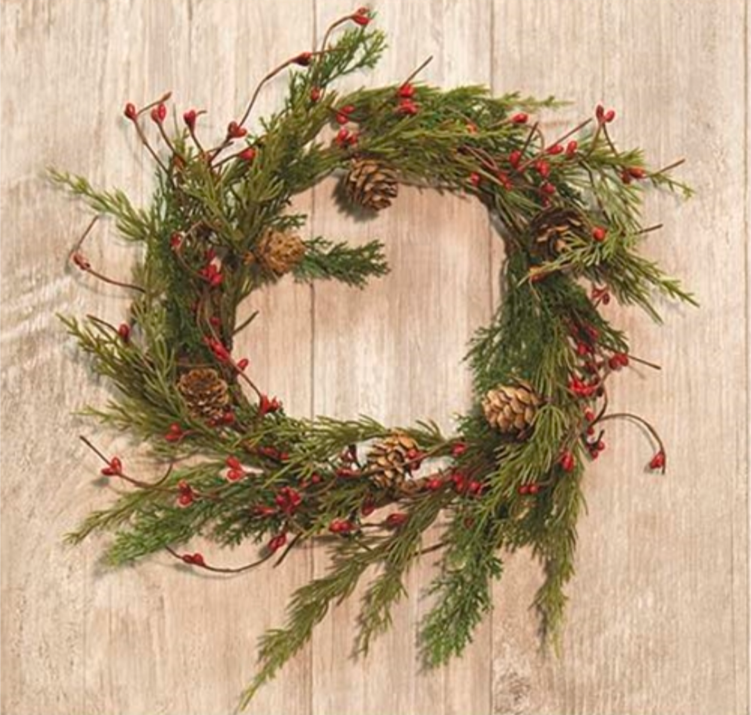 6-1/2" Evergreen Pine w/Red Pips Candle Ring Wreath