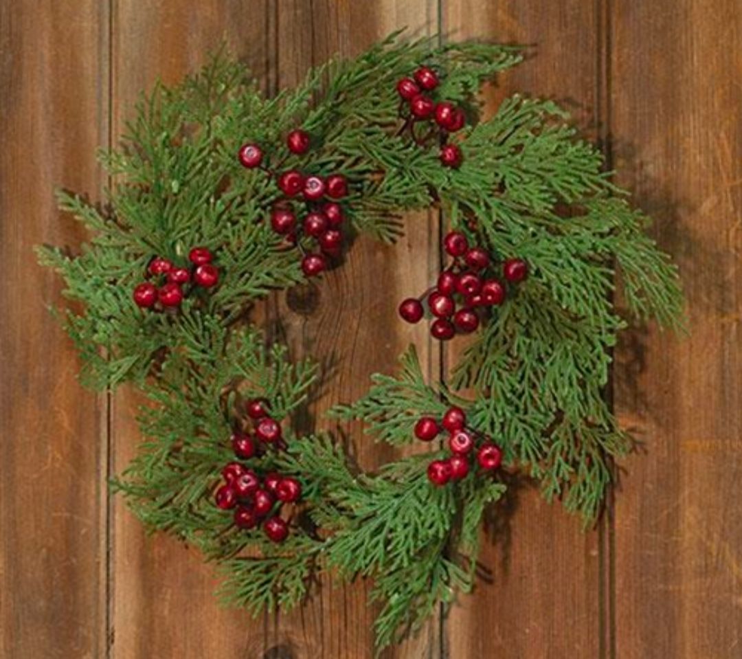 6-1/2" Coral Cedar w/Berries Candle Ring Wreath