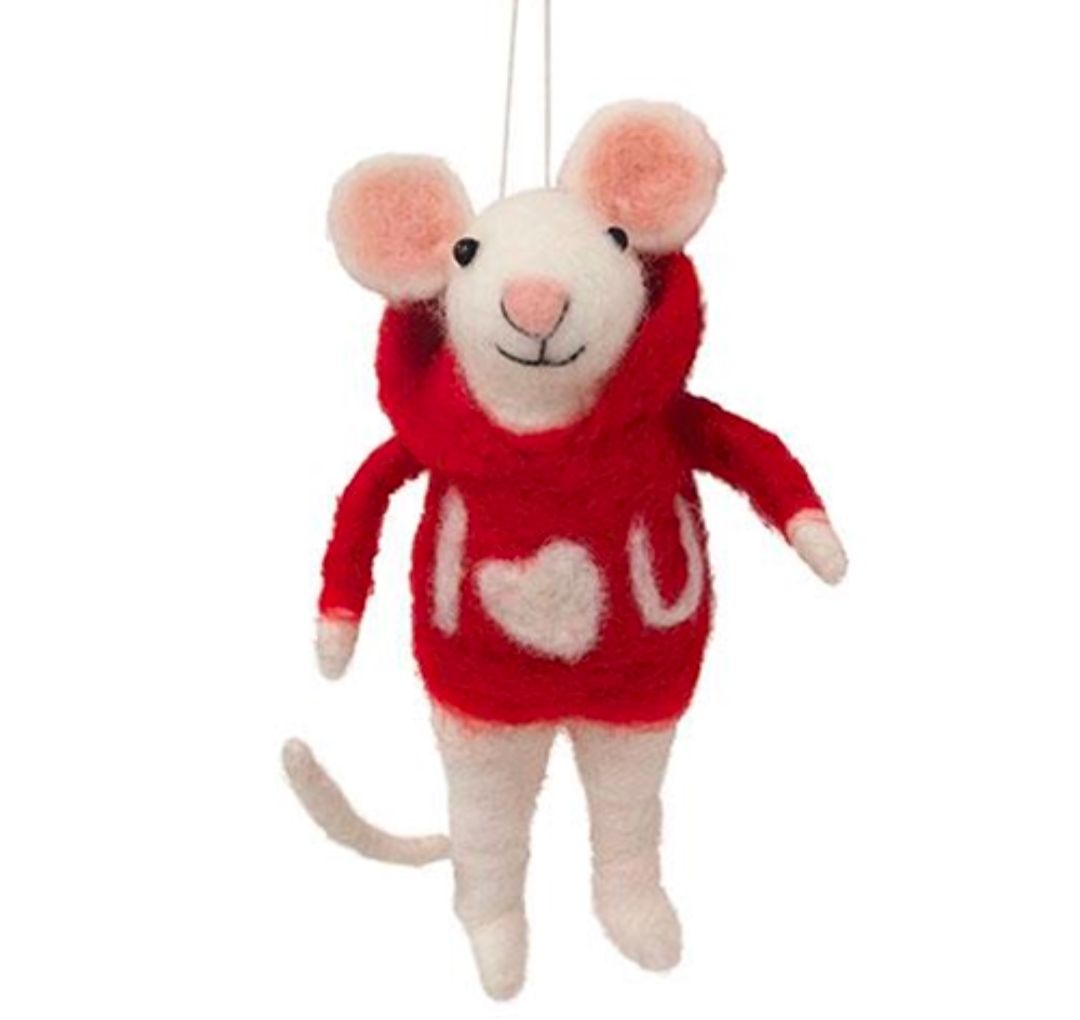 I Heart You Valentine Felted Mouse Ornament