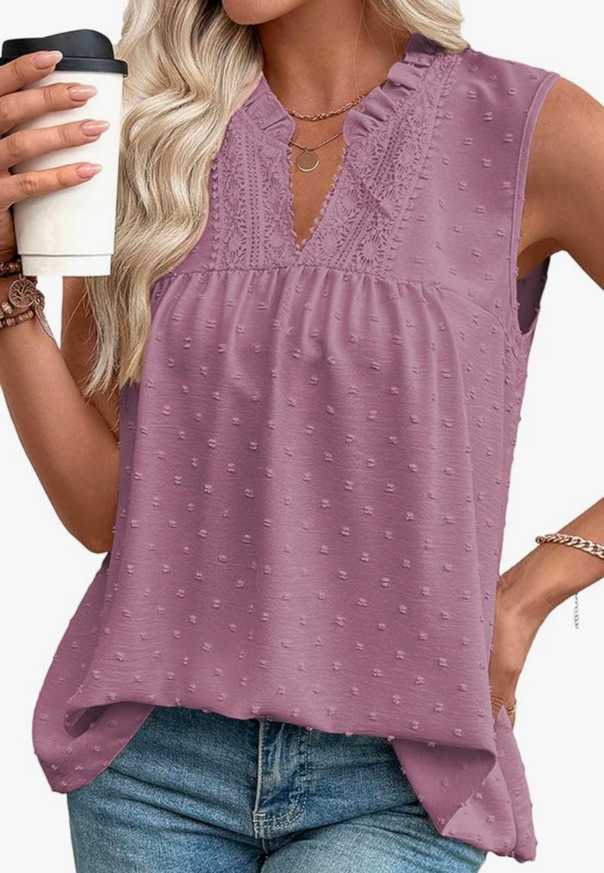 Women's V Neck Sleeveless Blouse Swiss Dot Smocked Lilac