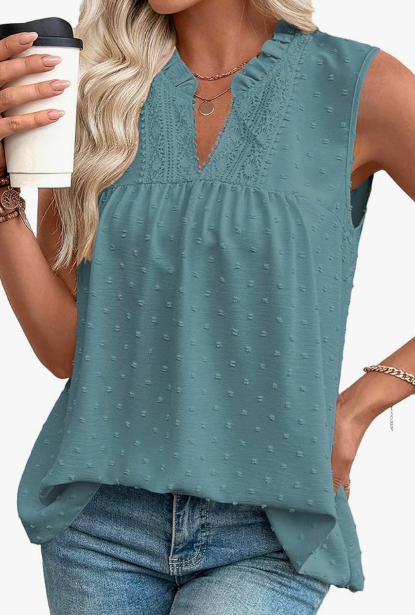 Women's V Neck Sleeveless Blouse Swiss Dot Smocked Teal