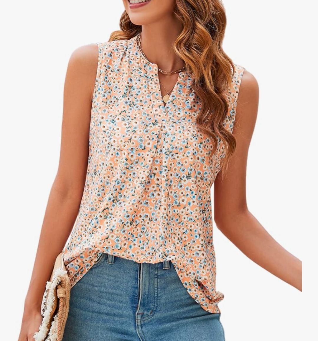 Women's V Neck Sleeveless Blouse Orange Floral