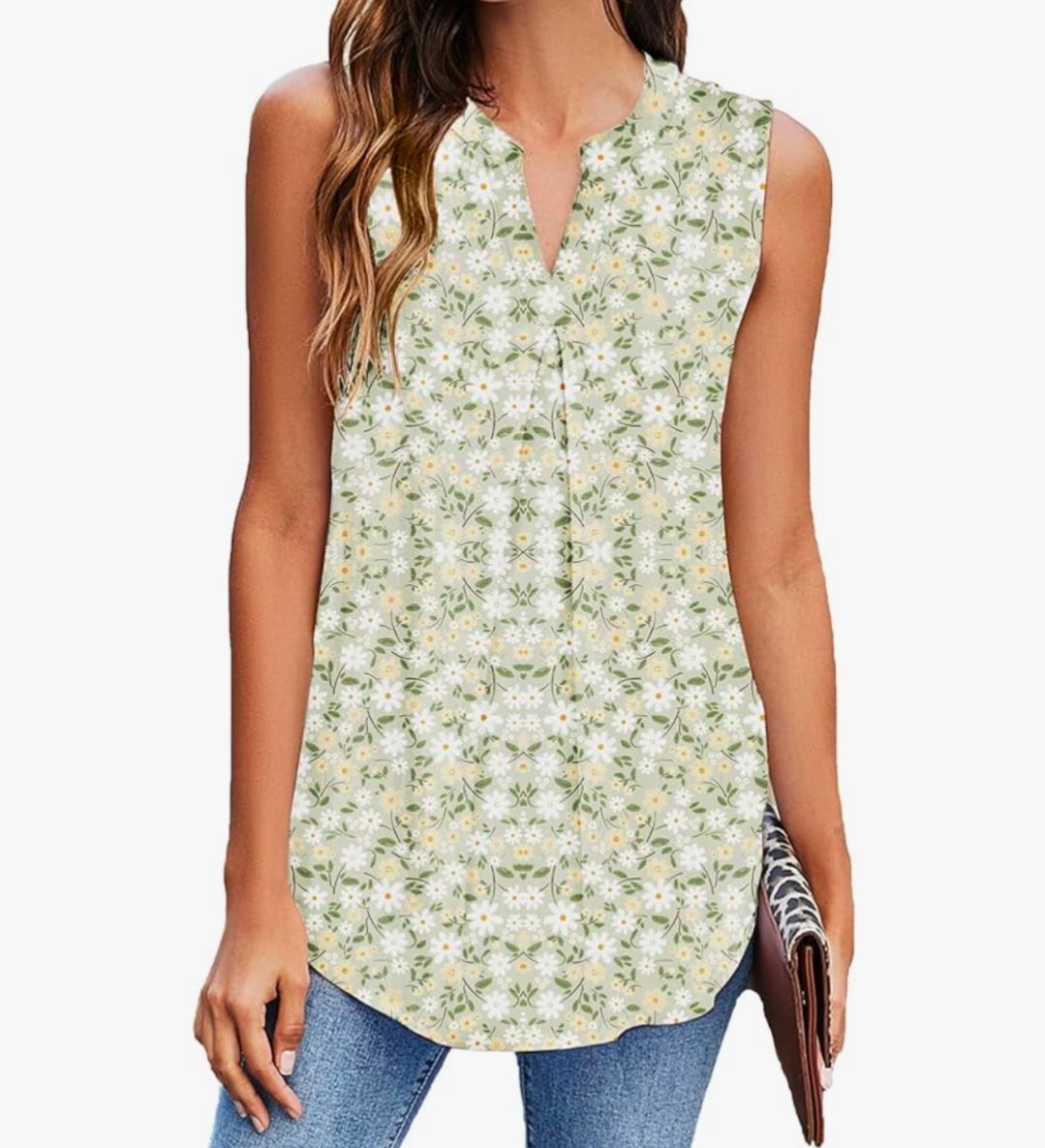 Women's V Neck Sleeveless Blouse Green Floral