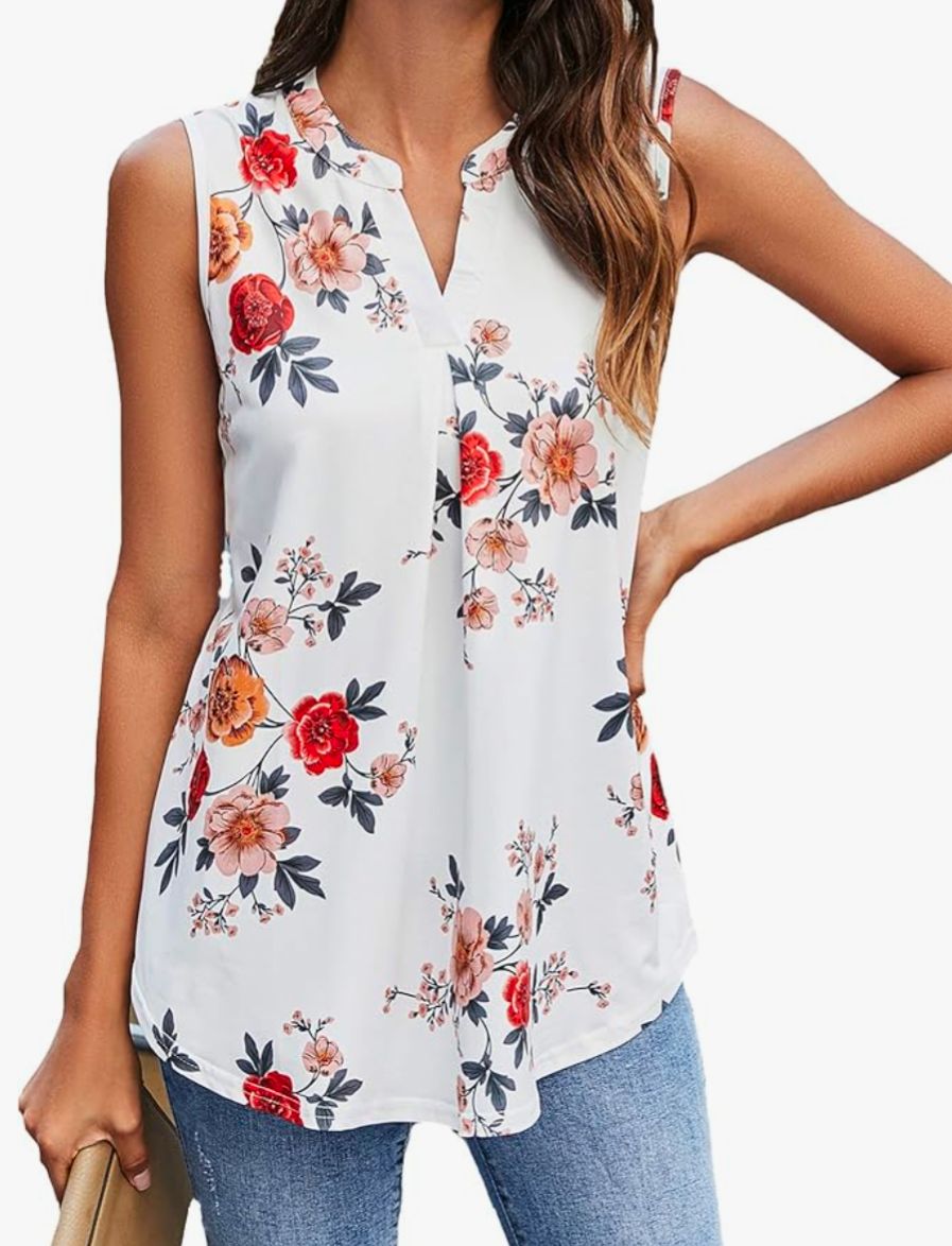 Women's V Neck Sleeveless Blouse White Floral