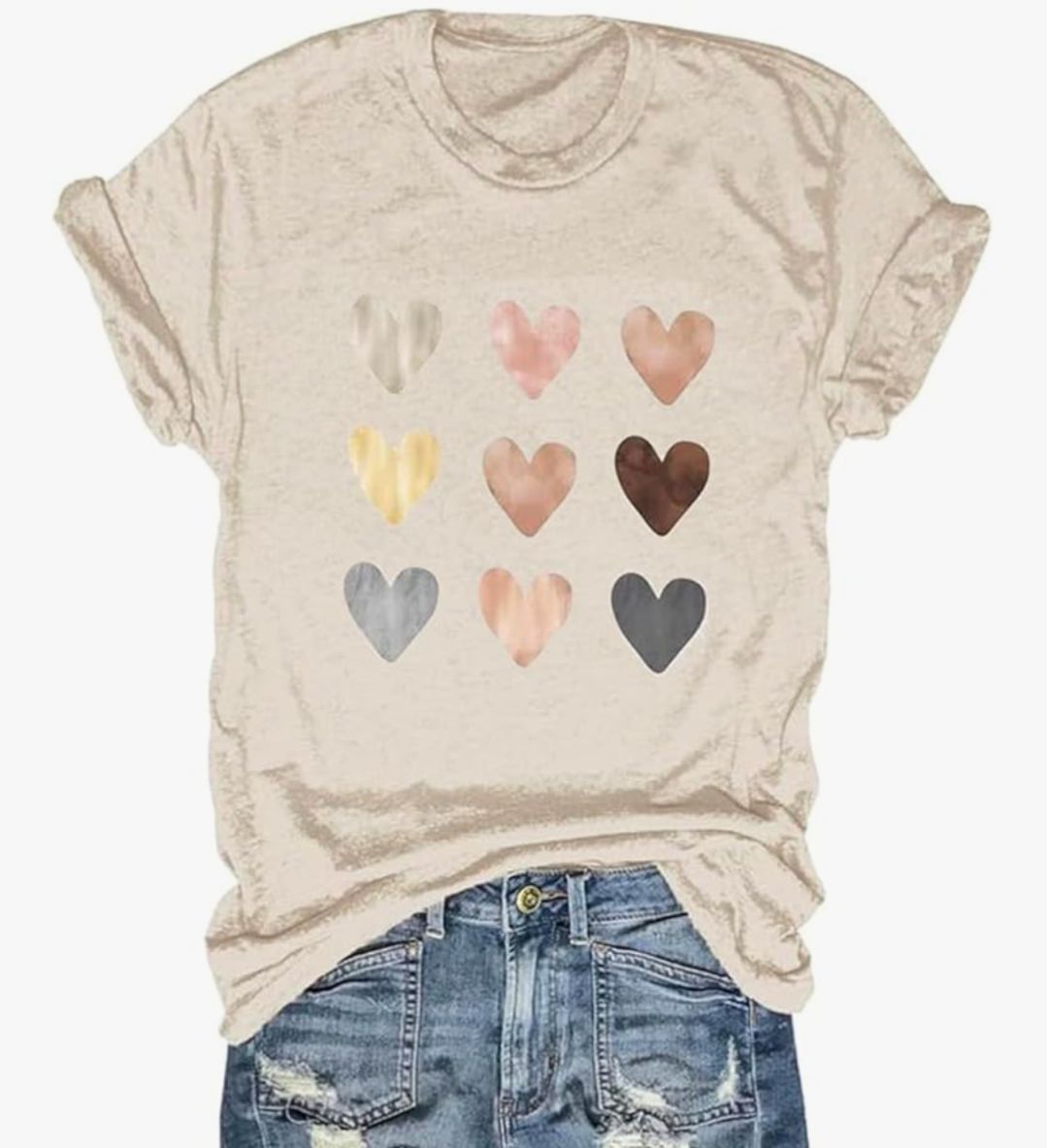 Womens Valentines Cream Hearts T-Shirt Graphic Tee Short Sleeve 