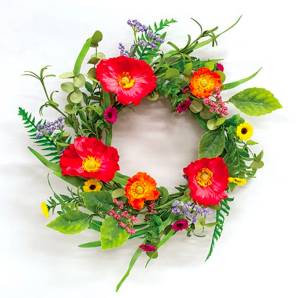 6-1/2" Sunset Poppy &amp; Daisy Candle Ring Wreath Decor