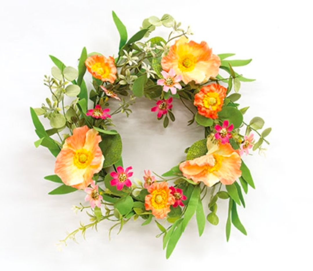 6-1/2" Peach Poppy &amp; Wildflower Candle Ring Wreath Decor