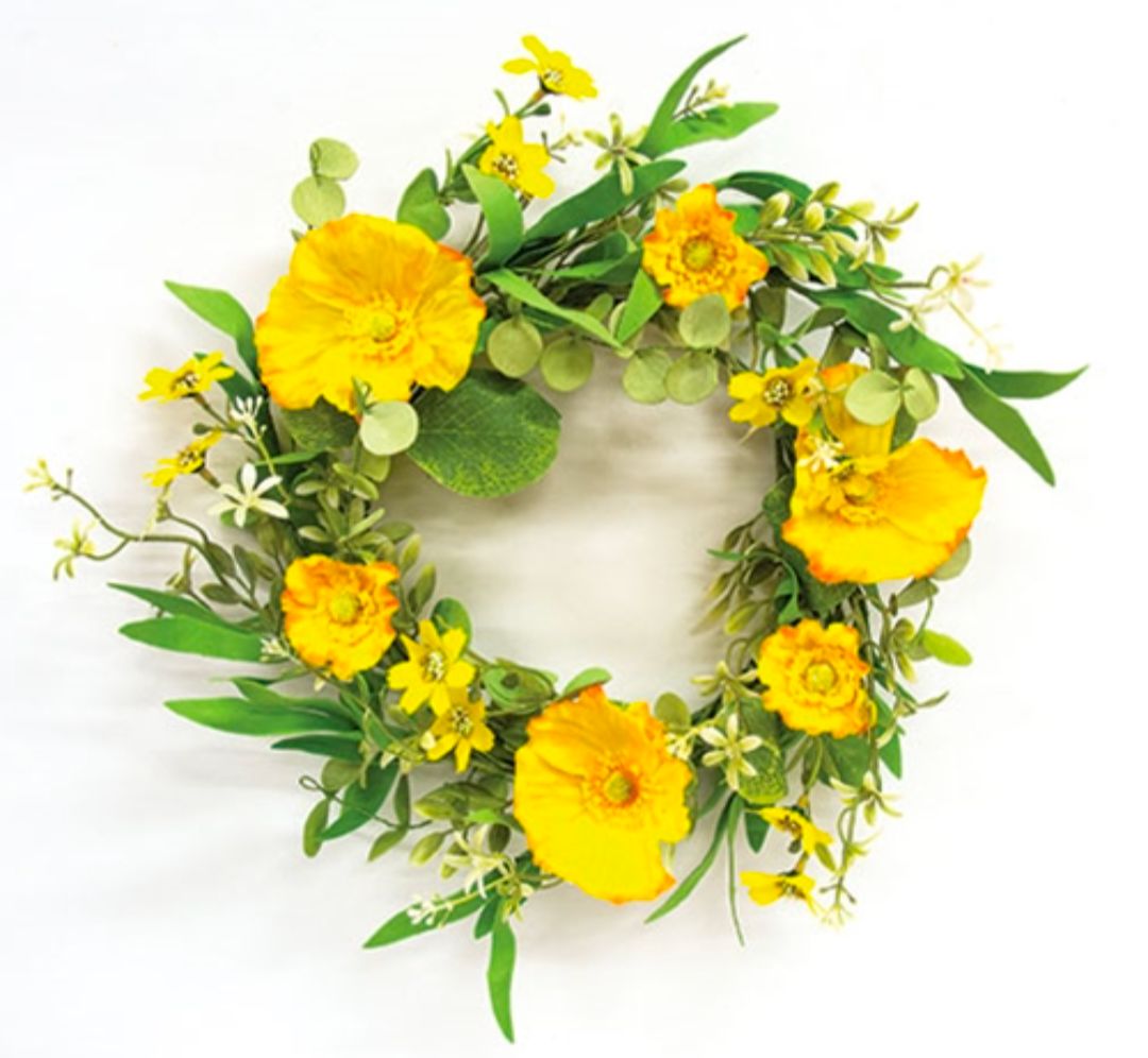 6-1/2" Yellow Poppy &amp; Wildflower Candle Ring Wreath Decor