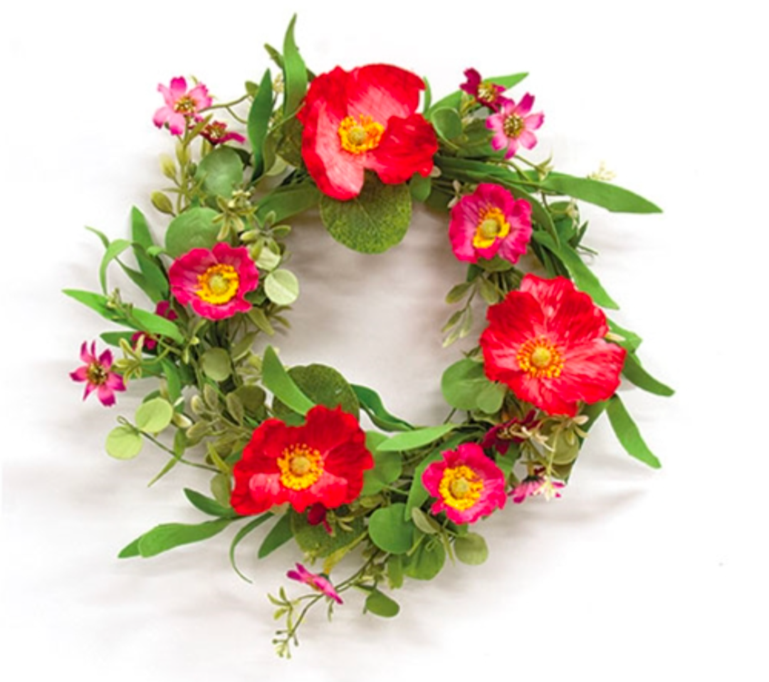 6-1/2" Sunset Poppy &amp; Wildflower Candle Ring Wreath Decor