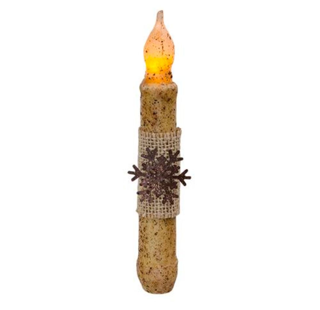 6" Burnt Ivory Burlap &amp; Snowflake Timer Taper Candle