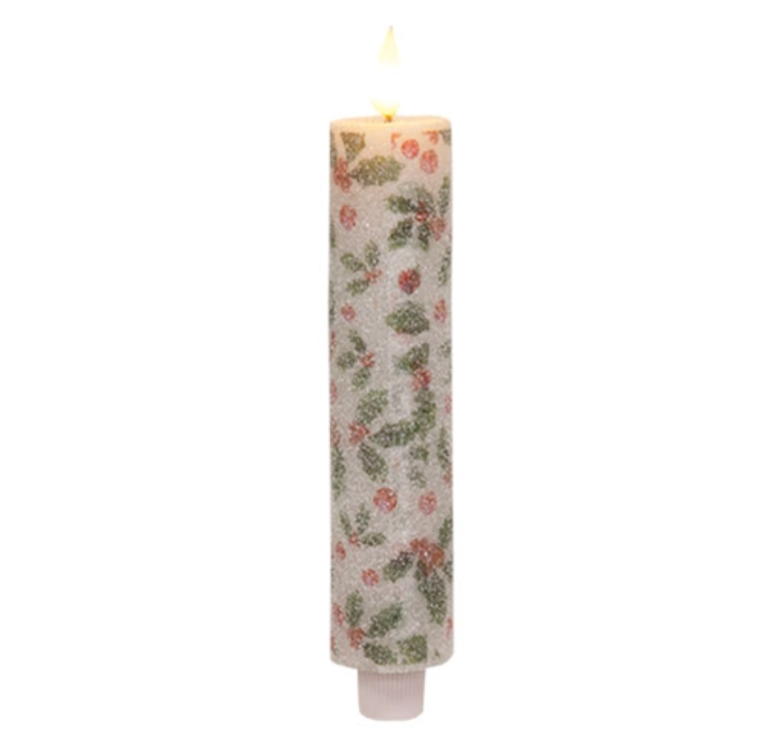 8" Sparkling Holly &amp; Berries Thick LED Timer Taper Candle