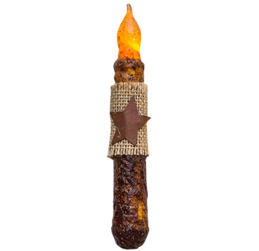 6" Burnt Mustard Timer Taper w/Burlap &amp; Star Candle